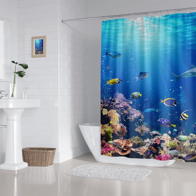 ZXMBF Ocean Underwater World Shower Curtain Colorful Tropical Fishes Turtle Coral in The Deep Sea Home DÃ©cor Waterproof Fabric 72Lx72W Inch Blue Plastic Hooks 12PCS - Image 4